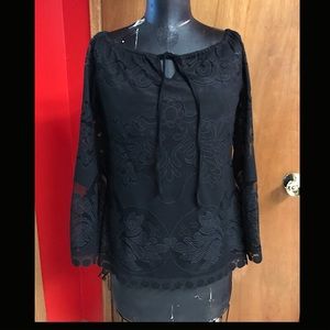 Black Lace Flare Sleeved Peasant Blouse Poly Sz S